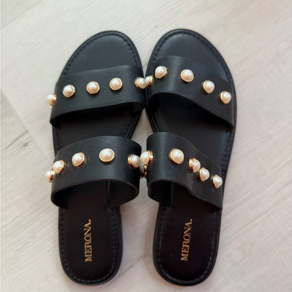 Merona Black Sandals with Pearl Accents